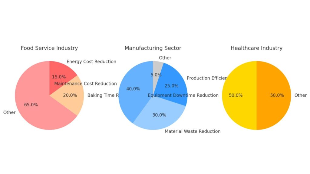 Pie charts illustrating the advantages of using fins in food service, manufacturing, and healthcare industries, highlighting benefits like energy cost reduction, material waste reduction, and downtime reduction.