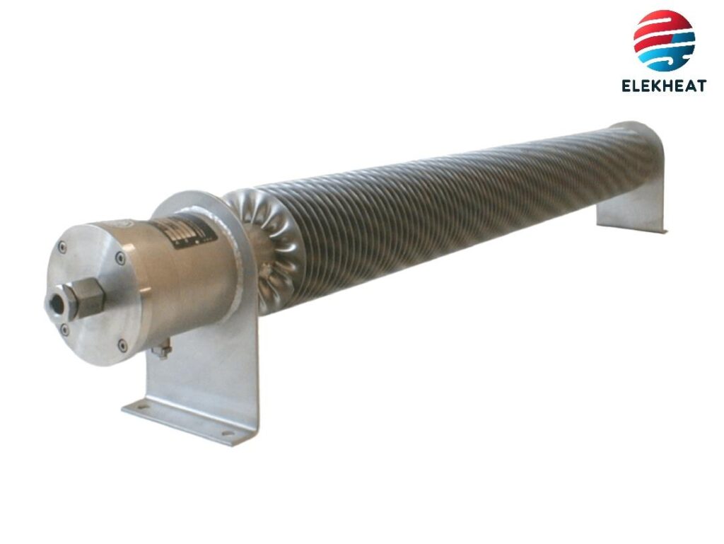 Stainless steel finned tube heater with ceramic heating inset for corrosion-resistant industrial applications.