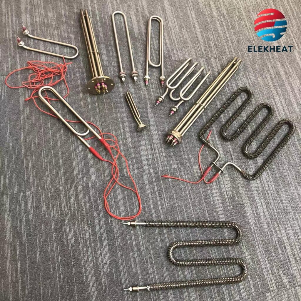 Various durable and corrosion-resistant air heating elements by Elekheat, designed for high-temperature applications such as catering equipment, air conditioning units, and drying systems.