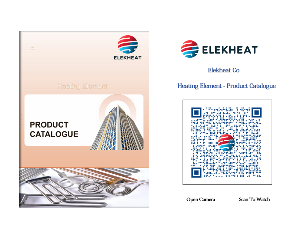 ELEKHEAT electronic product catalog showcasing high-quality heating elements, with a QR code for easy access to detailed product information.