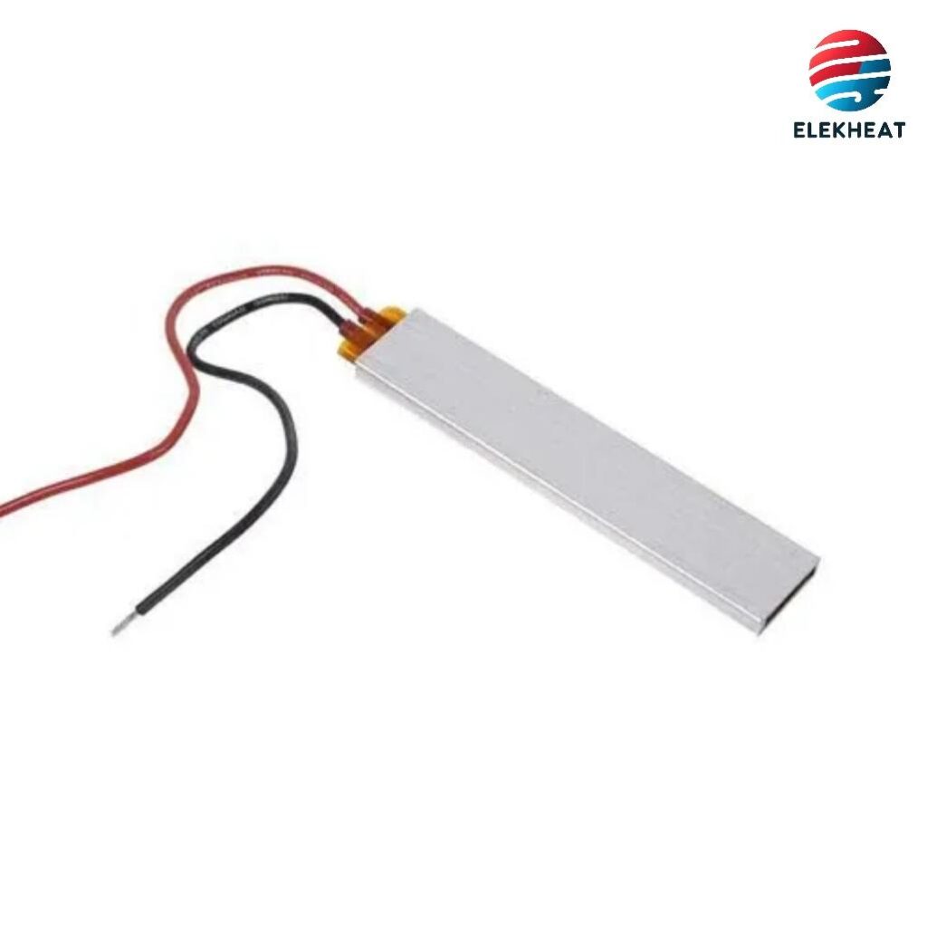 A rectangular cartridge heater with red and black lead wires, designed for precise heating in compact spaces by ELEKHEAT.