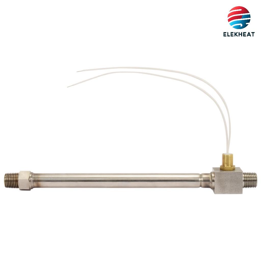 An in-line forced air heater with stainless steel construction, threaded connections, and white lead wires, designed for industrial heating applications.