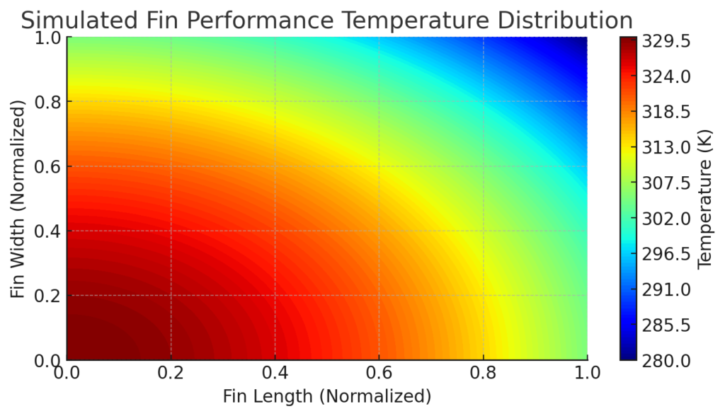 Simulated fin performance temperature distribution chart, showcasing temperature gradients for heat transfer analysis using normalized fin dimensions.