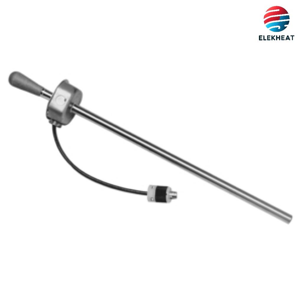 A bolt cartridge heater with a long stainless steel body and integrated power cable, designed for industrial heating applications.