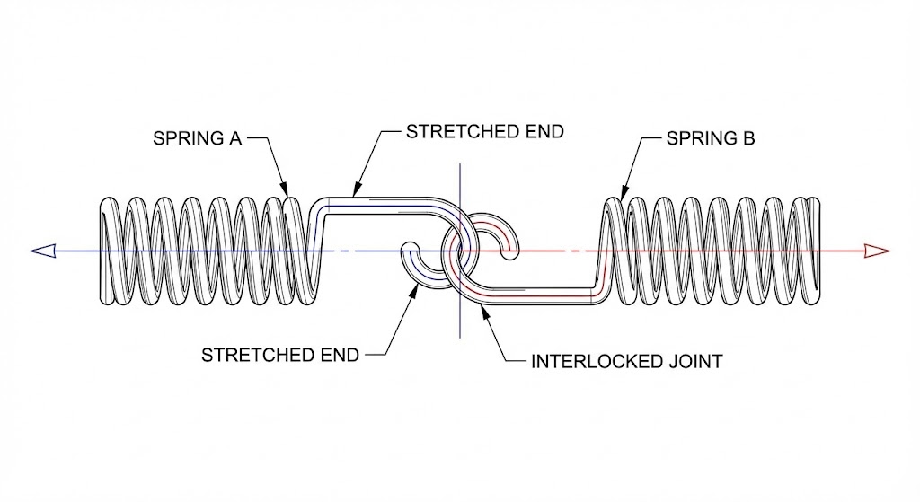 A diagram showing two ends of a spring-like coil being stretched and interlocked