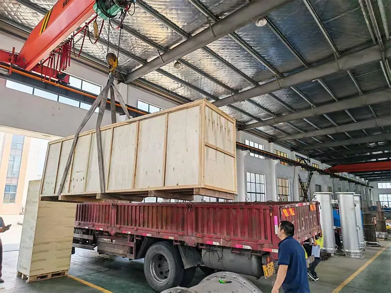 A large flange heater being prepared for transport.