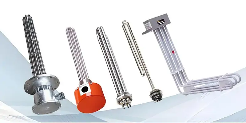 A collection of various industrial immersion heaters including flanged, screw plug, and over-the-side models.