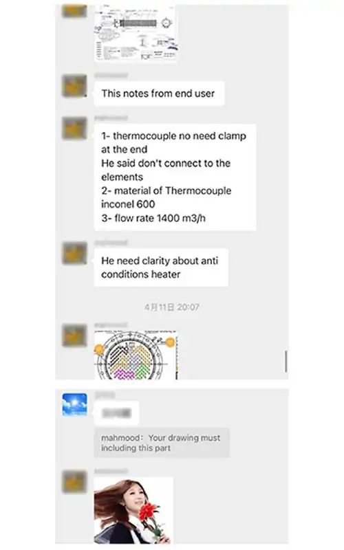 Chat showing a video of the raw materials being shared.