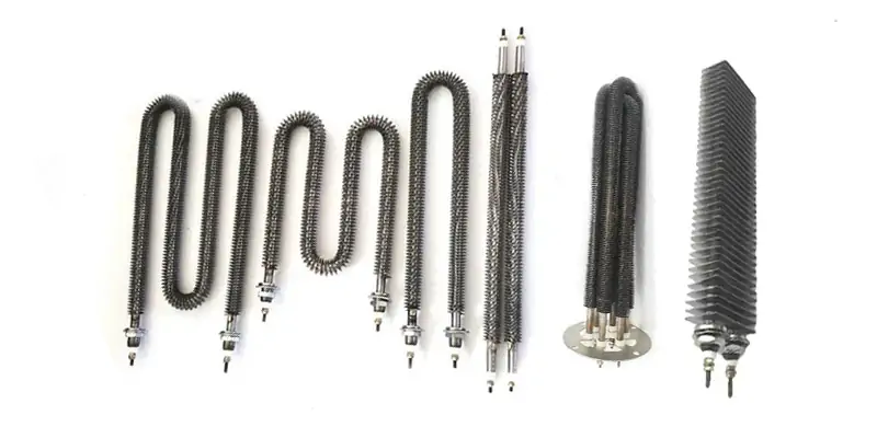 A detailed view of a finned tubular heater with stainless steel fins