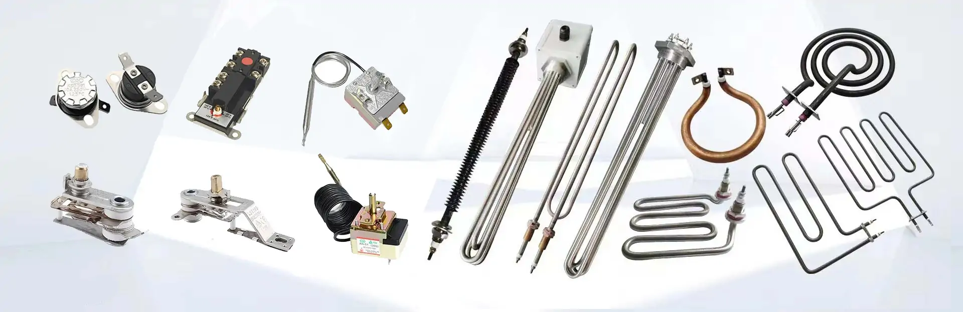 A hero image showing a variety of tubular heaters and thermostats.