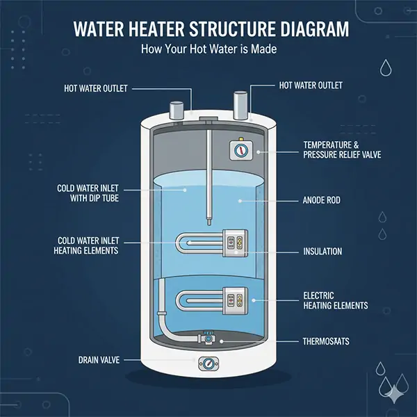 Anatomy of a water heater element inside a tank