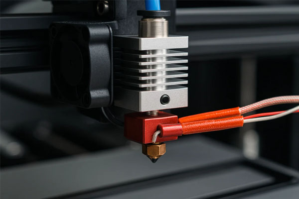 A close-up of a 3D printer hot end assembly showing the small heat cartridge