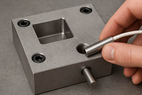 A heater cartridge being installed into a plastic injection mold block