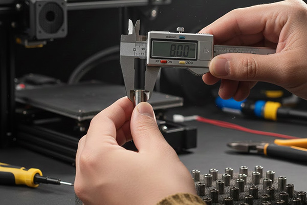 Close-up image of a person measuring the diameter of a cartridge heater with calipers