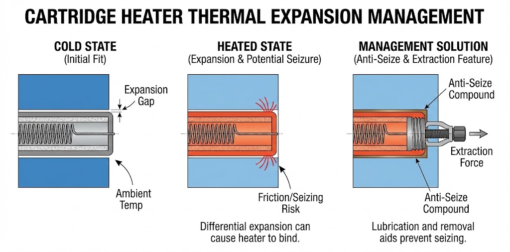 Cartridge heater radial clamp axial float