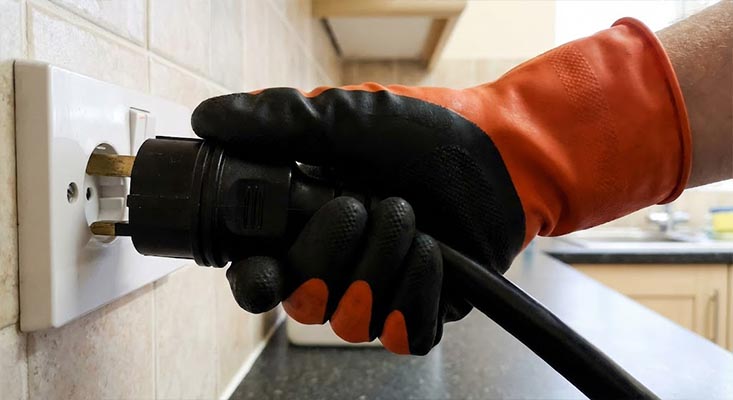 A technician's hand wearing insulated safety gloves unplugging the oven power cord from the wall outlet to prevent electrical shock before replacing the heating element.