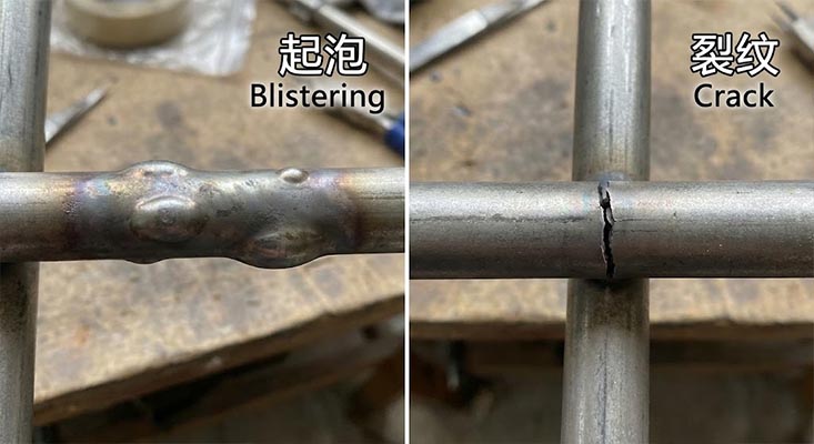 Close-up comparison showing damaged oven heating elements with visible blistering on the surface and deep physical cracks on the metal sheath.