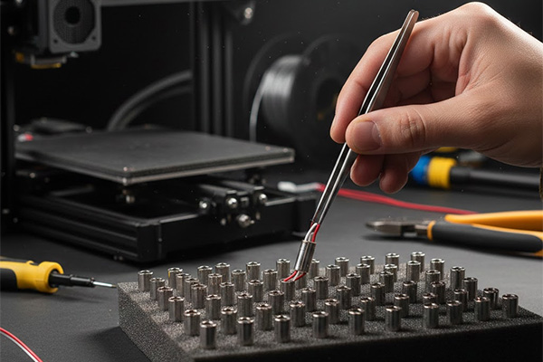 A skilled hand selecting a 3D printer cartridge heater, illustrating precision