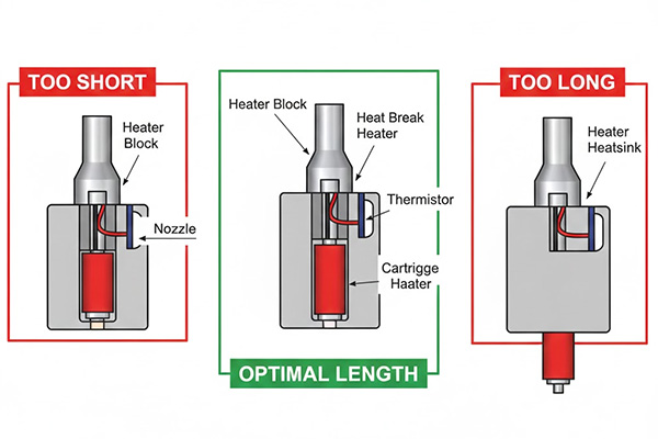 Illustration showing a hotend with a cartridge heater, highlighting optimal length vs. too long/too short