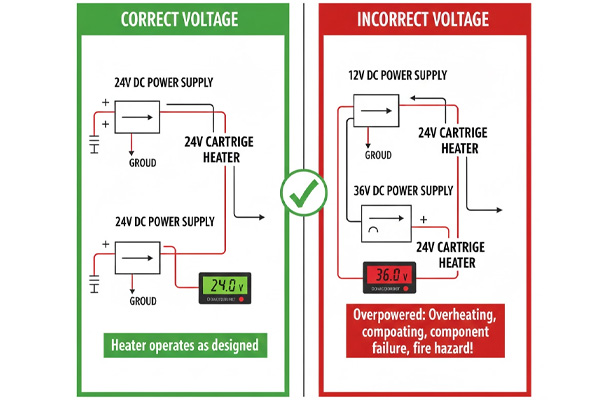 Electrical circuit diagram showing correct voltage matching for a cartridge heater