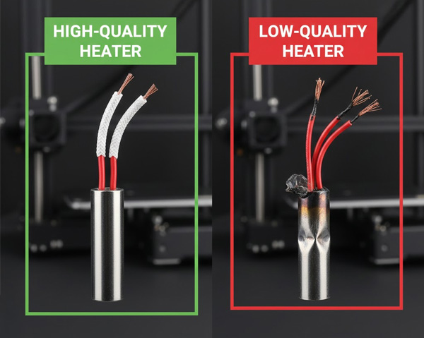 Side-by-side comparison of a high-quality stainless steel heater with fiberglass wires and a low-quality heater with degraded plastic wires