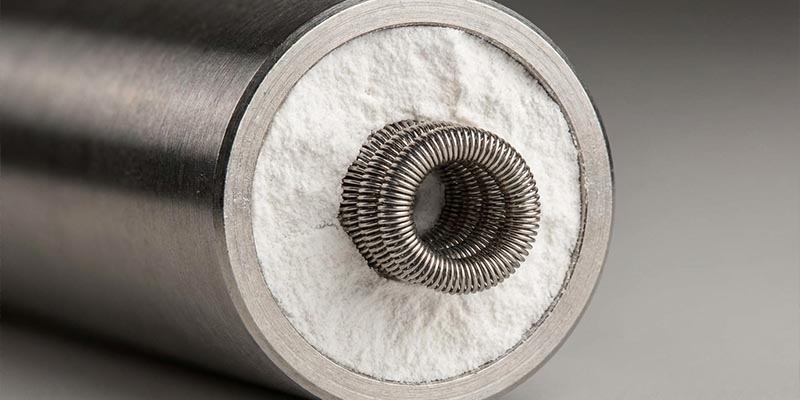 Close up of a heating element cross section showing MgO and wire