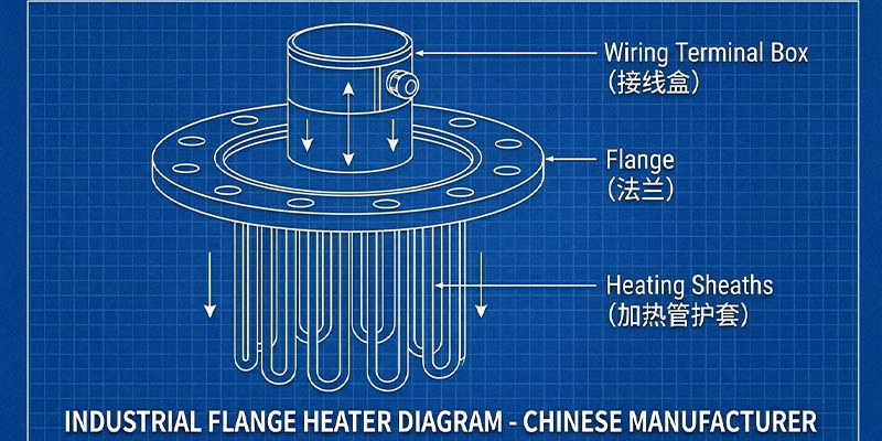 Diagram of a flange heater showing sheaths, flange, and wiring box