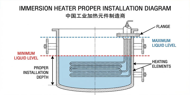 Diagram showing proper immersion heater installation depth
