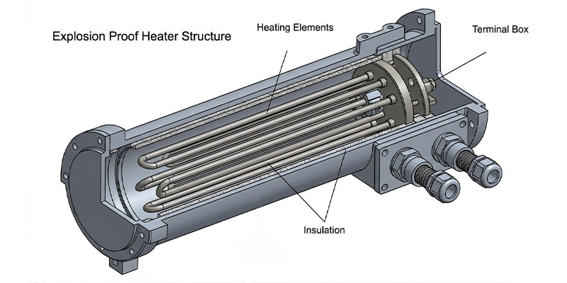 Structure of an explosion proof heater showing internal heating rods and connection box