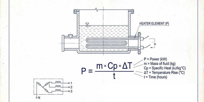 Technical drawing of immersion heater power calculation