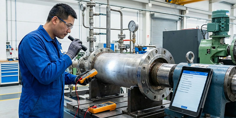 industrial flange heater being inspected for maintenance