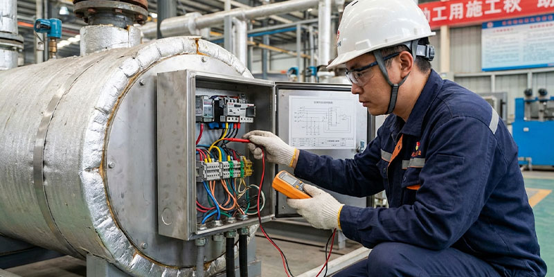 technician checking wiring in a heater junction box