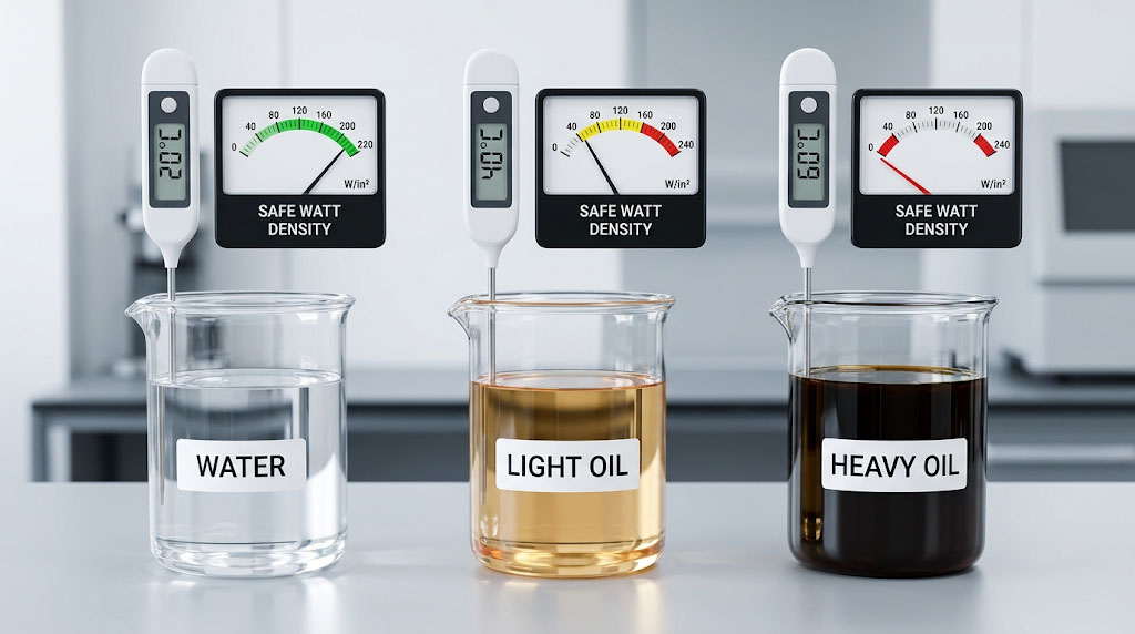 Allowable watt density chart for heating water, oils, and gases by elekheat