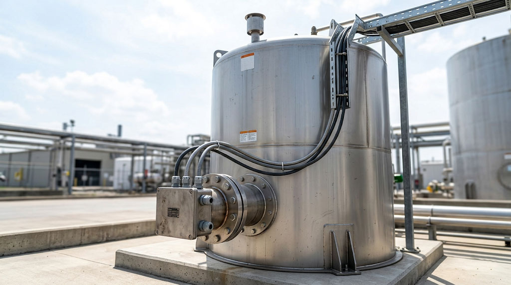 Electric flanged immersion heater installed for industrial storage tank heating