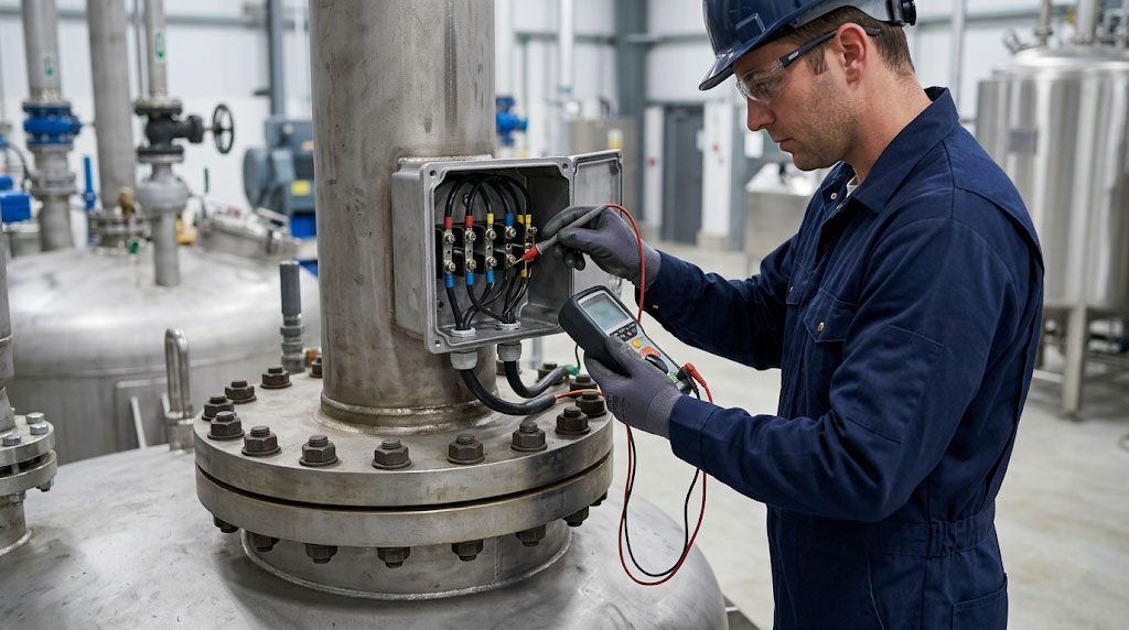 Engineer performing electrical insulation megger testing on an industrial flanged heater