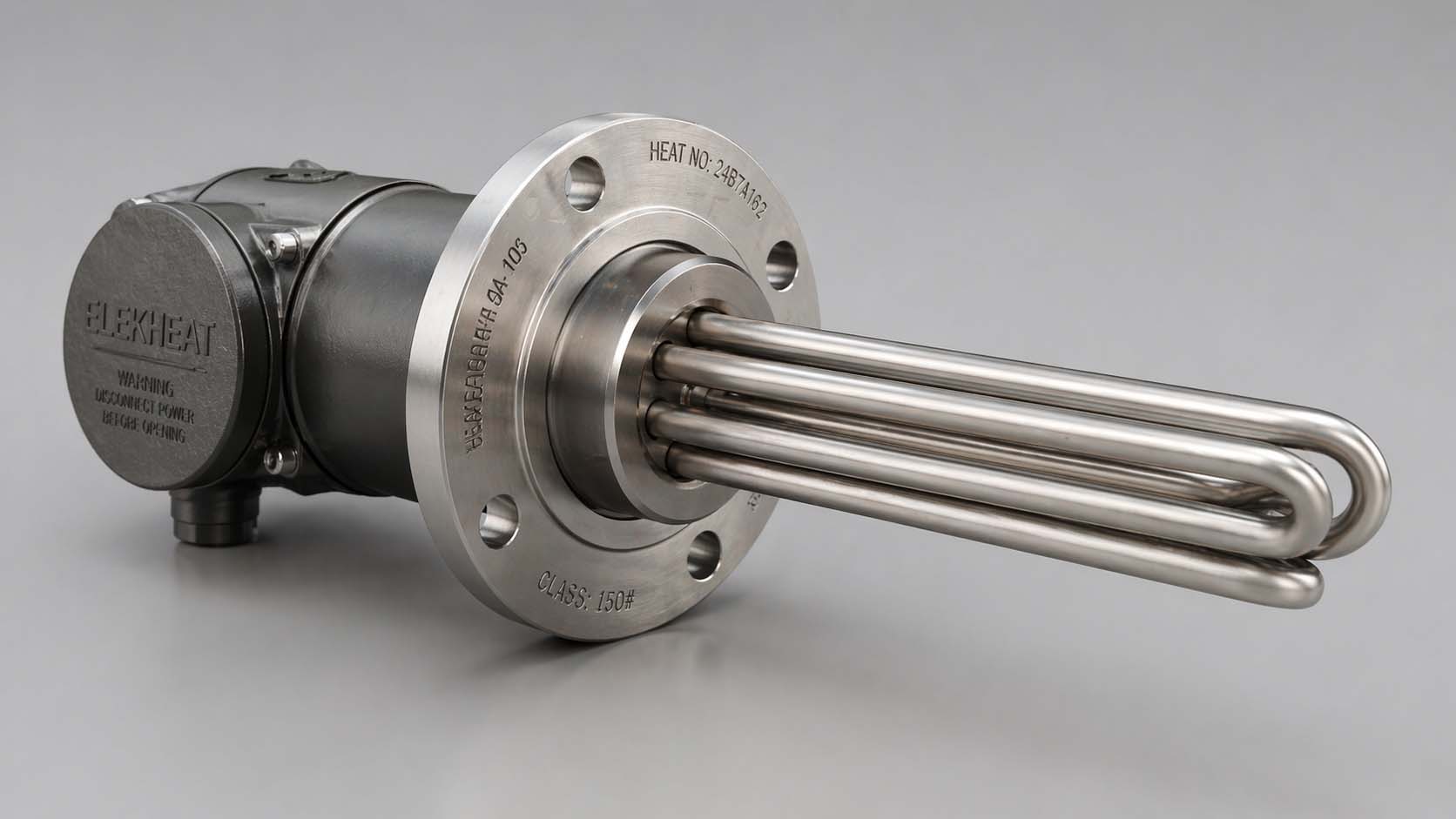 Heavy-duty industrial flange immersion heater manufactured by elekheat for liquid and gas heating