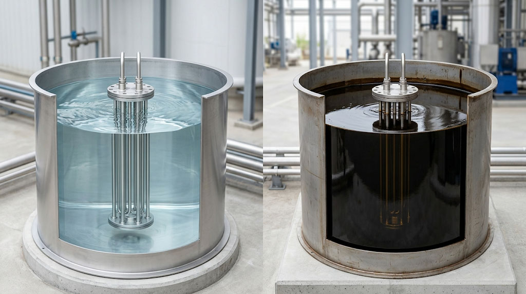 Immersion heaters for water vs heavy oil storage tank heating applications