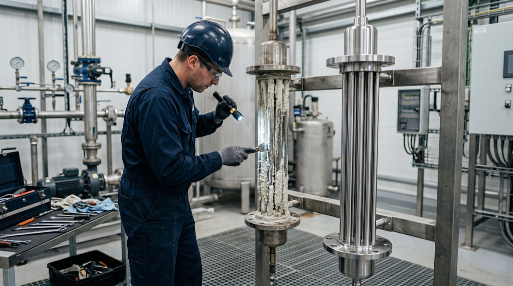 Maintenance and descaling of industrial flanged immersion heaters