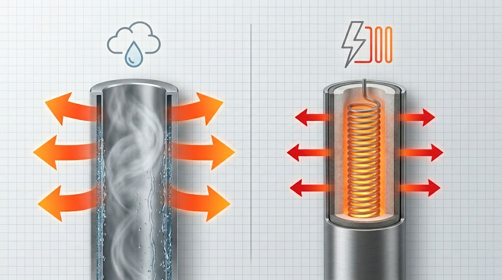 Thermodynamic diagram showing working principles of Electric vs Steam Heating in industrial environments