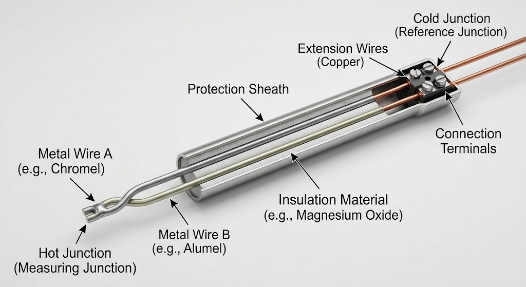 Diagram explaining what is a thermocouple and its internal working principle by elekheat