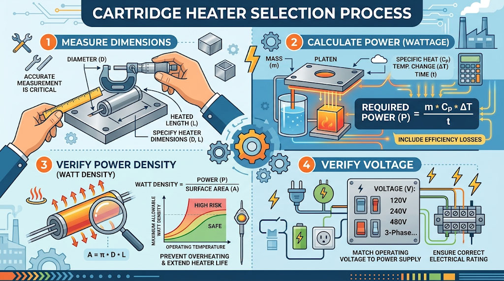 Cartridge heater selection process illustration measure dimensions calculate power verify power density and voltage