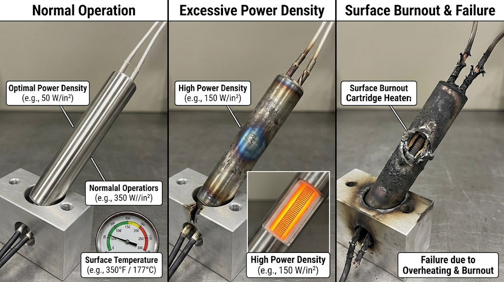 Comparison image of cartridge heater surface burnout due to excessive power density