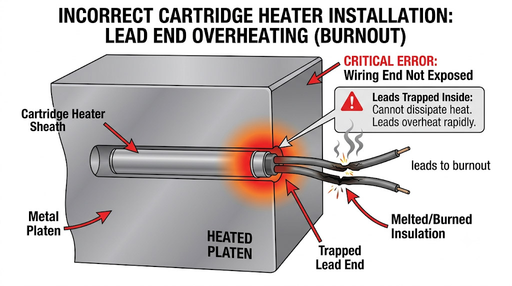 Illustration of incorrect cartridge heater installation wiring end not exposed leading to burnout