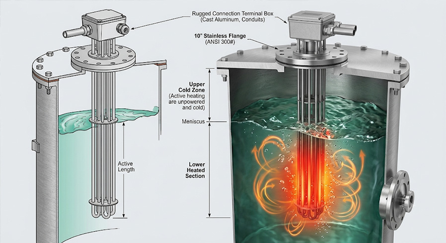 Industrial immersion heater showing active heating length and unheated cold length inside a chemical storage tank