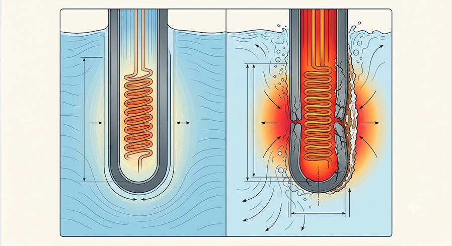 Surface watt density comparison showing heat transfer, scaling and overheating on an industrial immersion heater