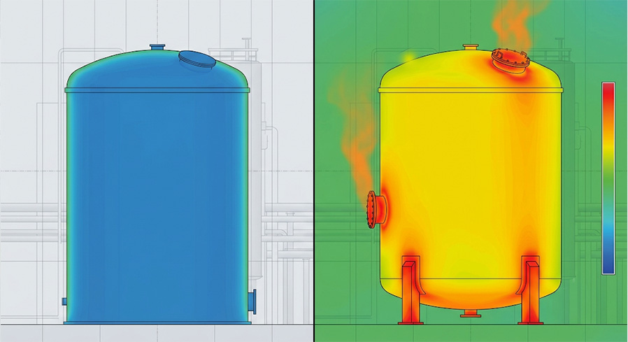Thermal bridge heat loss from uninsulated tank nozzles, manways and support legs on an industrial chemical tank